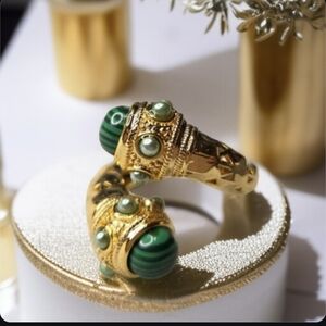 18k Gold Plated Byzantine Bypass Malachite Pearl Ring